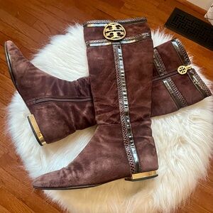 Tory Burch Chocolate Suede Heeled Boots with Gold Accents